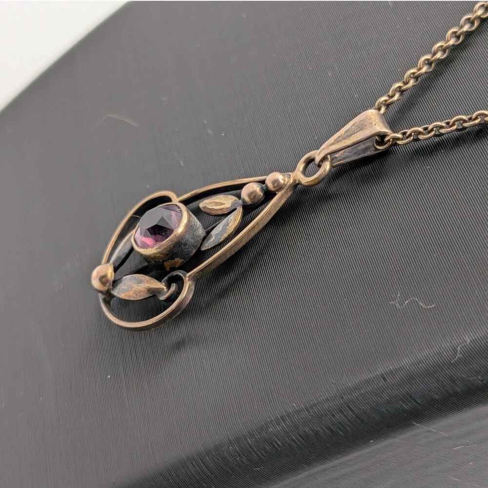 A&Z 1/20 12K Gold Filled Floral Pendant Necklace 19in Purple Stone Vintage